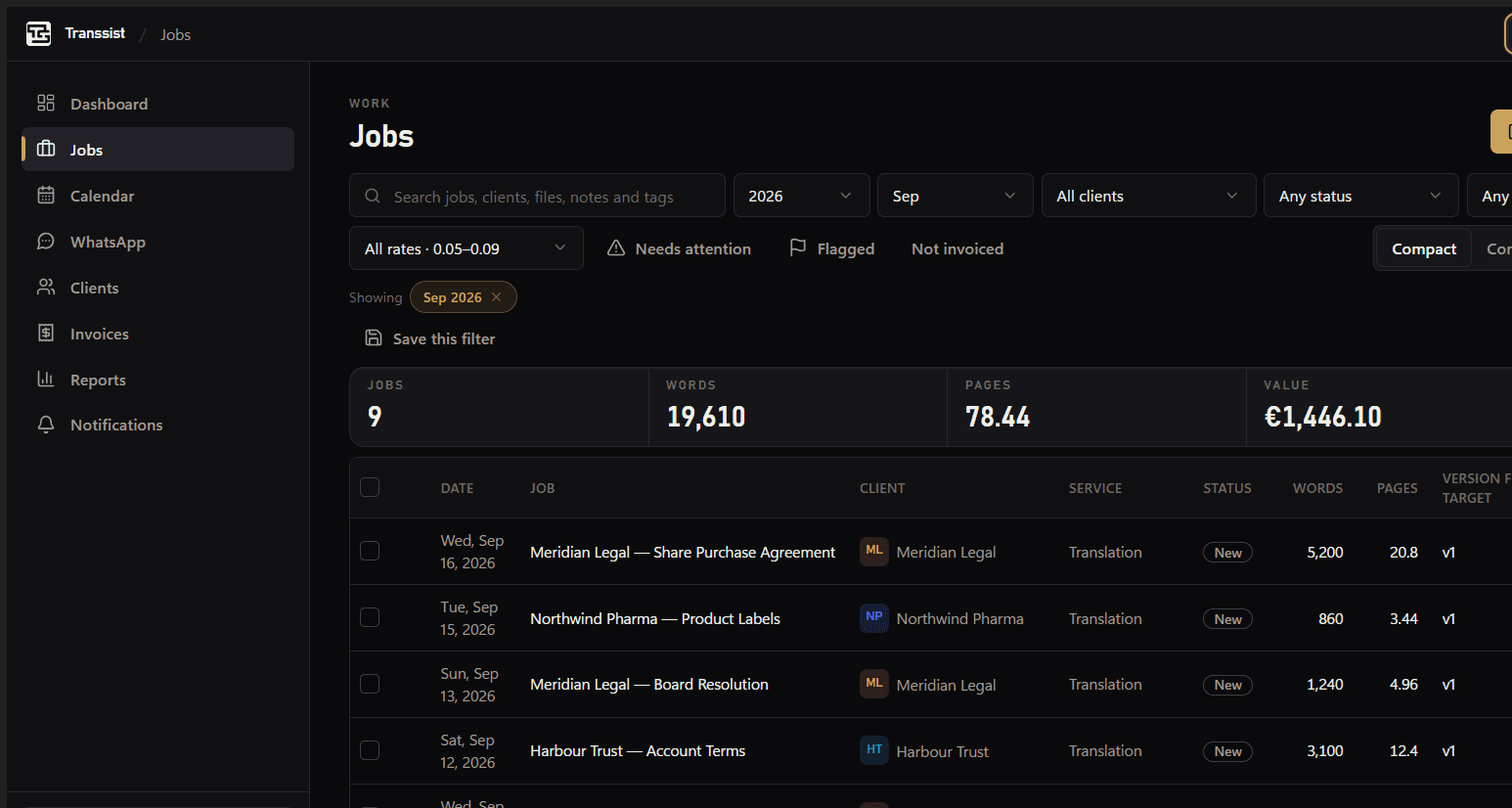Every job it found, priced. Each folder inside a day becomes a job. Filter, sort, group and bulk-edit them; anything that cannot be priced yet is flagged rather than quietly dropped from your totals.